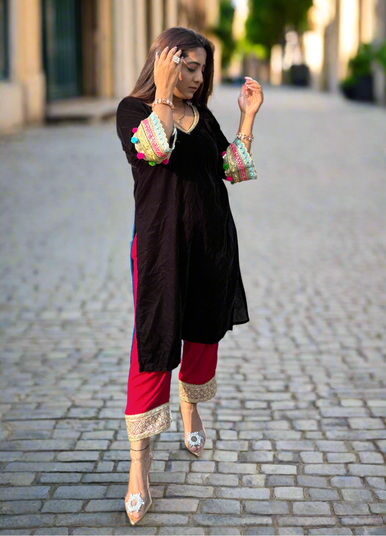Pakistani velvet black kurta set