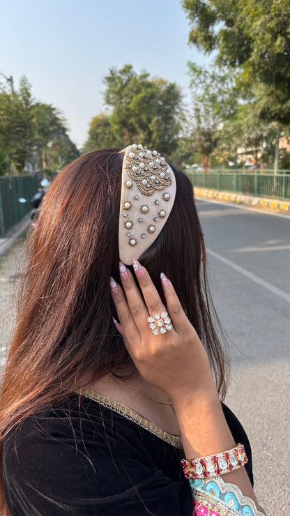 Ivory pearl golden embroidered hairband